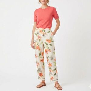 Talbots Women's Ivory Coral 100% Silk Orchid Floral Print Side Zip Pants Size 2P